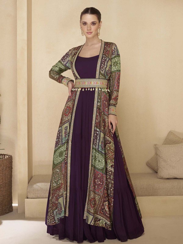 Dark Purple Real Georgette Shrug Style Gown